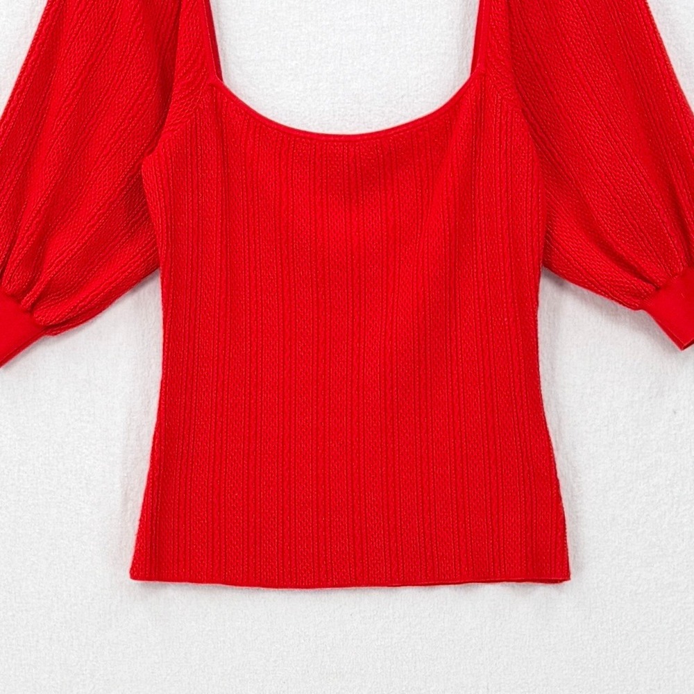 SEZANE Alessia Top Womens Large Red Square Neck Knit Puff Sleeve Sweater French - Picture 8 of 16